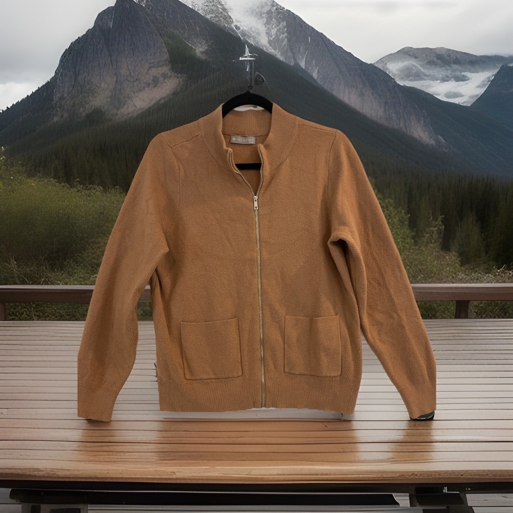 READ Women Sz L Beige Sweater Mock Neck Full Zip Evolution by Cyrus Pocket Nice